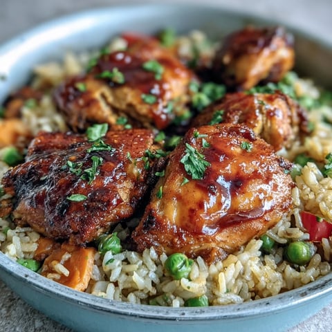A skillet of One-Pan Bold Honey BBQ Chicken Rice features saucy chicken thighs, fluffy grains, and steaming mixed vegetables for an easy weeknight dinner.