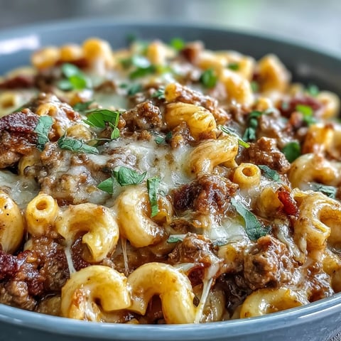 Golden One-Pan High Protein Chili Mac with melted cheddar in a rustic bowl.