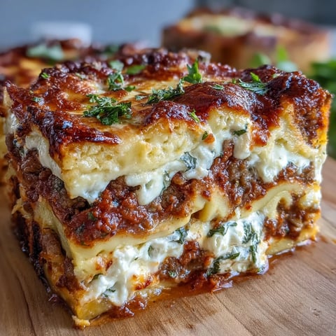Golden, bubbling Worlds Best Lasagna with layers of rich meat sauce, creamy ricotta, and melted mozzarella, served hot.