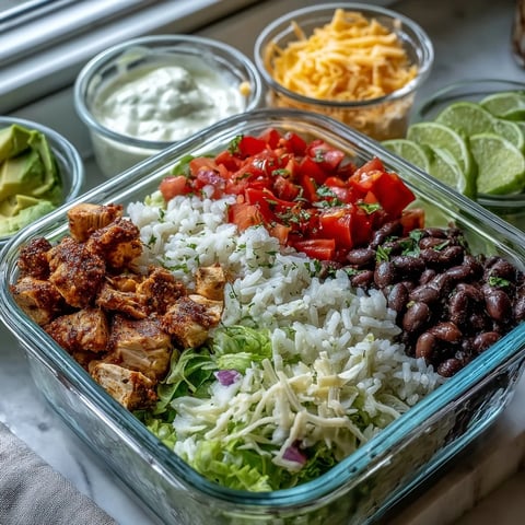 This photo displays a vibrant Meal Prep Burrito Bowl Base in clear containers, featuring fluffy rice, seasoned black beans, and chopped chicken, ready for assembling.