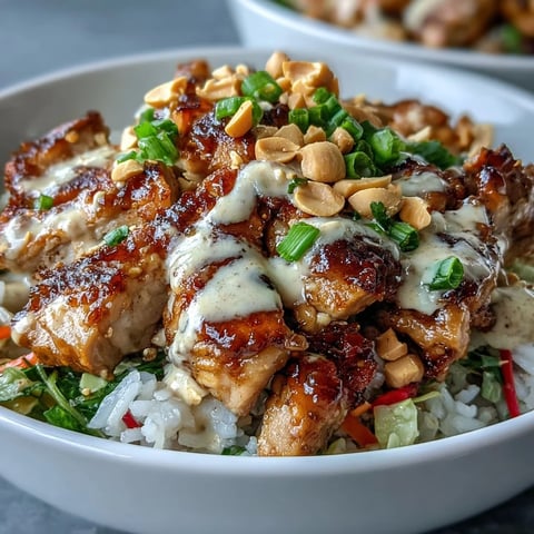 Succulent sautéed chicken and vibrant vegetables sit atop fluffy coconut rice in this Thai-inspired Peanut Chicken Protein Bowl, drizzled with creamy peanut sauce.
