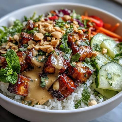 Bright red cabbage, fresh mint, and creamy peanut sauce top a colorful Rice Paper Roll Bowl for a quick lunch.