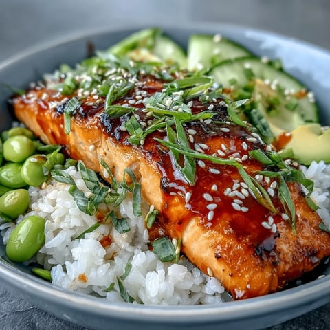 Freshly glazed Honey Sriracha Salmon sits atop fluffy jasmine rice with cucumber, edamame, and avocado slices.
