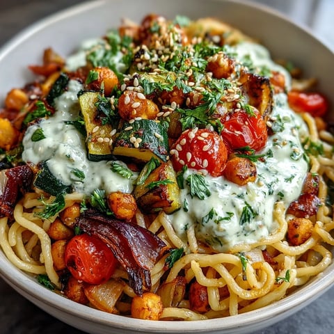 A vibrant Chickpea Pasta Bowl with roasted vegetables and tahini drizzle, ready to serve.