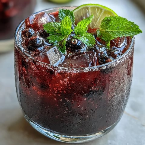 Two tall glasses of Black Currant Mocktail filled with ice, garnished with fresh mint sprigs and thin lime slices.