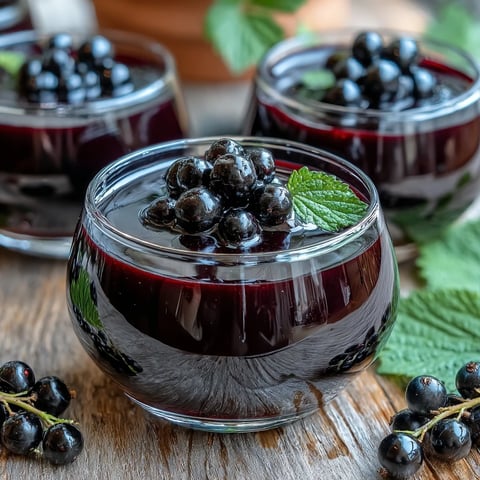 Silky Black Currant Panna Cotta with a glossy berry glaze in a white ramekin, garnished with fresh currants and a mint sprig.