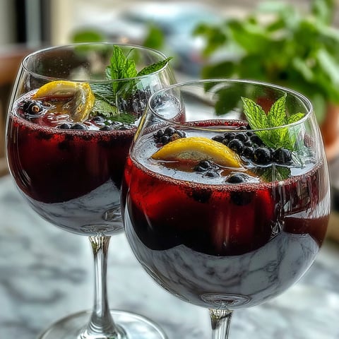 An elegant Black Currant and Cassis Cocktail in a chilled wine glass, garnished with fresh berries and a lemon twist. 