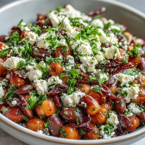 Brightly colored Divorce Salad in a white bowl features marinated chickpeas, black beans, crumbled feta, fresh parsley, and thinly sliced red onions.