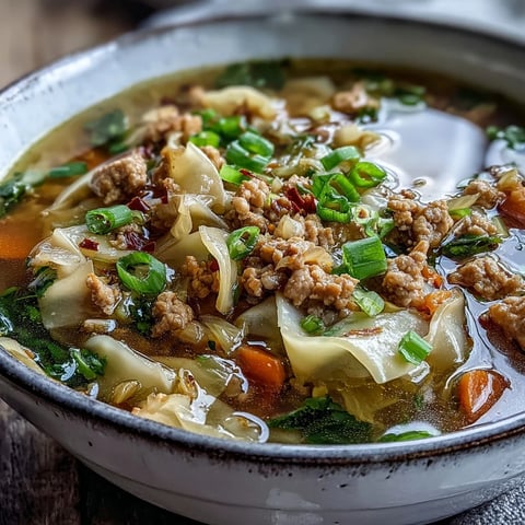 A steaming bowl of One-Pot Egg Roll Soup topped with fresh green onions, served alongside crispy wonton strips.
