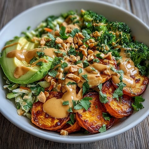 Roasted sweet potatoes and crisp veggies in a Thai Peanut Sweet Potato Buddha Bowl with creamy peanut sauce.