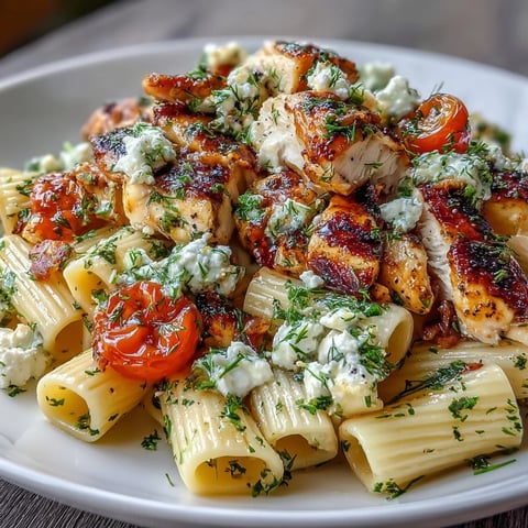 Roasted Garlic & Feta Chicken Pasta served in a white bowl with a fork, featuring penne pasta, roasted chicken, and blistered cherry tomatoes topped with fresh parsley.