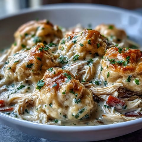 Slow Cooker Ranch Chicken & Dumplings stew steaming in a round slow cooker, with fluffy drop biscuits nestled into creamy chicken, carrots, and peas.