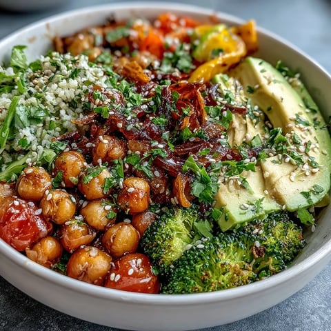 Rainbow Veggie Buddha Bowl with Sesame Ginger Dressing topped with avocado, tomatoes, and sesame seeds.