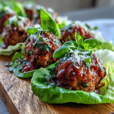 Juicy baked turkey meatballs coated in bright homemade marinara nestled inside crisp butter lettuce cups for a light, flavorful meal.