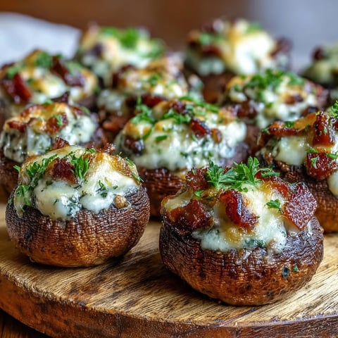 Golden-brown Keto Bacon and Cheese Stuffed Mushrooms resting on a parchment-lined baking sheet, garnished with fresh parsley.