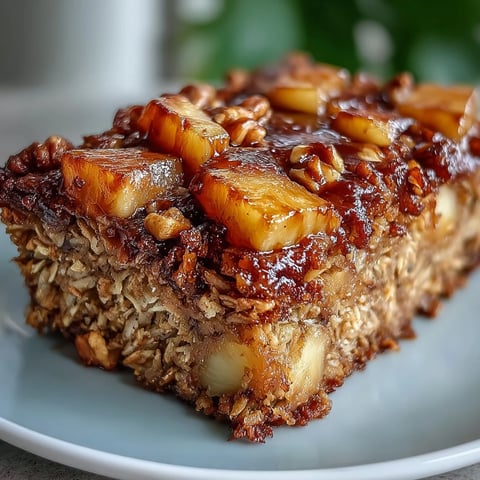 A golden vegan tropical oatmeal bake topped with pineapple, coconut flakes, and a sprinkle of cinnamon for a sunny breakfast.