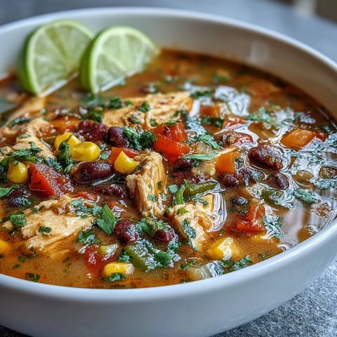 High-protein chicken taco soup with colorful veggie confetti in a steaming bowl, garnished with fresh cilantro and lime wedges.