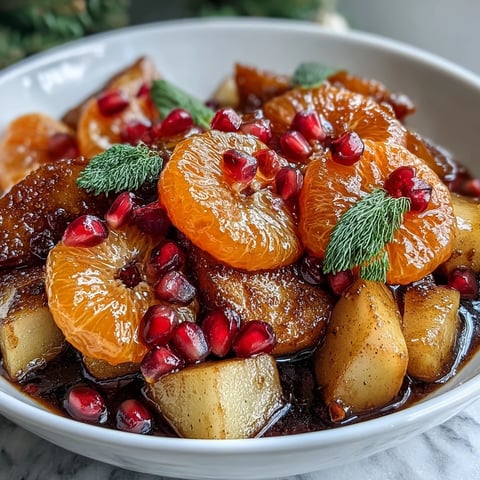A colorful winter fruit salad with mandarin oranges, apples, and pomegranate arils tossed in warm cinnamon vanilla dressing.  
