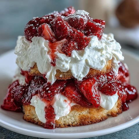 A classic Valentine's Day strawberry shortcake with golden biscuits, juicy red berries, and fluffy whipped cream on a white plate.