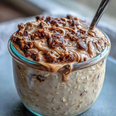 Overnight oats with chocolate chips and peanut butter, creamy and rich, perfect for a quick breakfast.