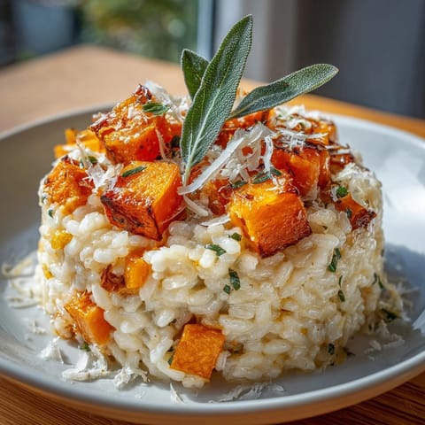 A beautiful photo of golden-hued pumpkin risotto, garnished with fresh sage leaves.