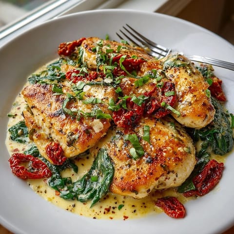 One-Pot Creamy Tuscan Chicken and Spinach dish, featuring seared chicken and vibrant spinach.