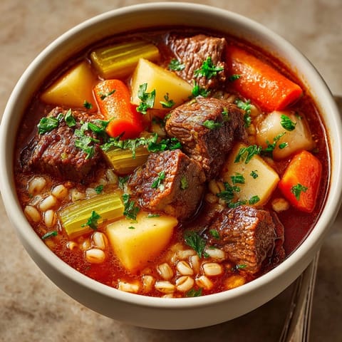 A close-up image showcases the rustic Hearty Beef and Barley Soup with a garnish of fresh parsley on top.