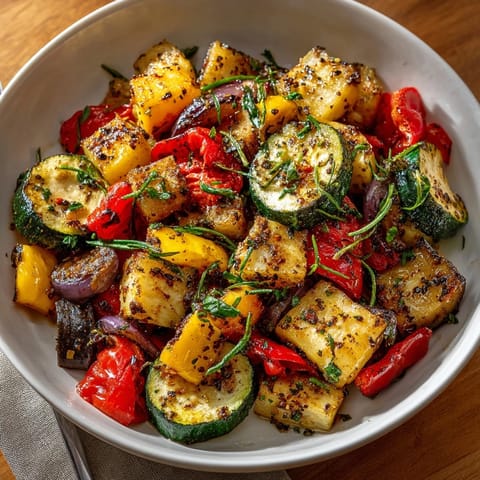 Vibrant Rustic Ratatouille featuring roasted garden vegetables, perfect for a flavorful vegetarian meal today.