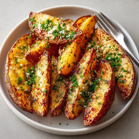 A close-up of crispy Baked Cheddar and Herb Potato Wedges, perfect for sharing as a delicious vegetarian side.