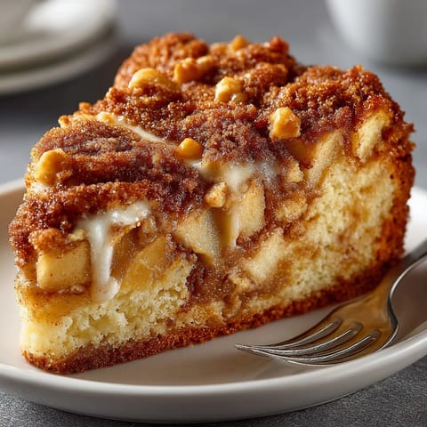 Close-up of fresh Homestyle Apple Cinnamon Coffee Cake, showing juicy apple pieces and sweet cinnamon swirl.