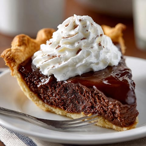 This image shows a close-up of the beautiful Homestyle Chocolate Chess Pie, perfect for dessert tonight.
