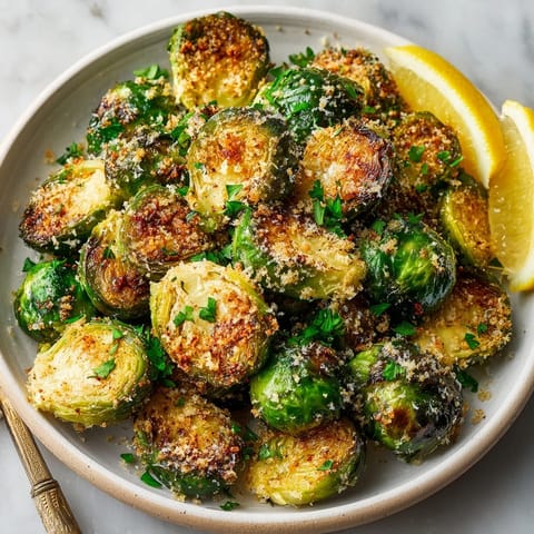 These Parmesan-covered Golden Garlic Roasted Brussels Sprouts are a delicious side dish, warm and savory.