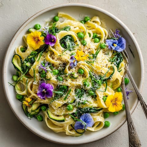 Plate of floral flower crown pasta, beautifully arranged and inviting for a vegetarian meal.