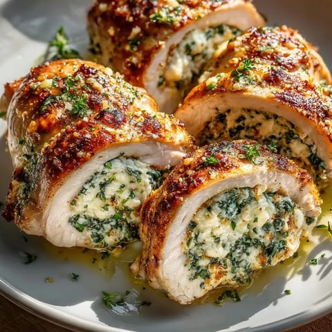Juicy ricotta spinach stuffed chicken thighs sliced open, revealing creamy filling and golden crust.