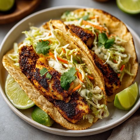 Spicy Cajun blackened fish tacos topped with creamy avocado slaw and lime wedges.