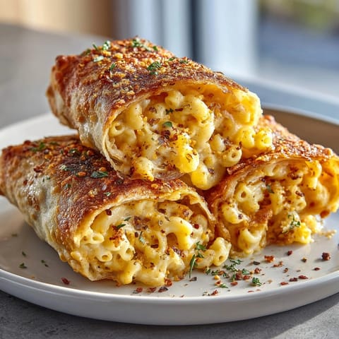Crispy Mac and Cheese Spring Rolls stacked on a platter, ready for dipping and sharing.
