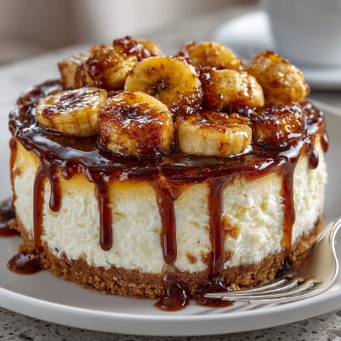 A creamy slice of caramelized banana cheesecake with rum glaze, glistening atop a buttery graham crust