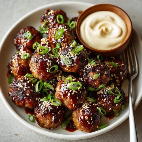 Glazed Korean BBQ Meatballs paired with a tangy, creamy spicy mayo dip for dipping.