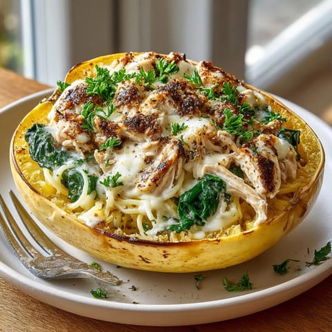 Baked Alfredo Stuffed Spaghetti Squash halves, filled with savory sauce and tender chicken.