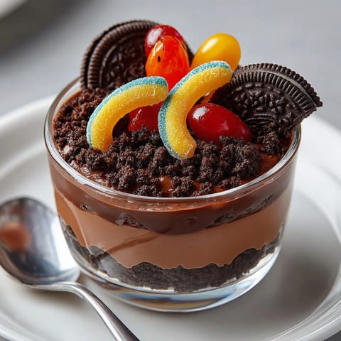 Decadent Midnight Chocolate Dirt Pudding in glass, a delightful dessert with gummy worms.