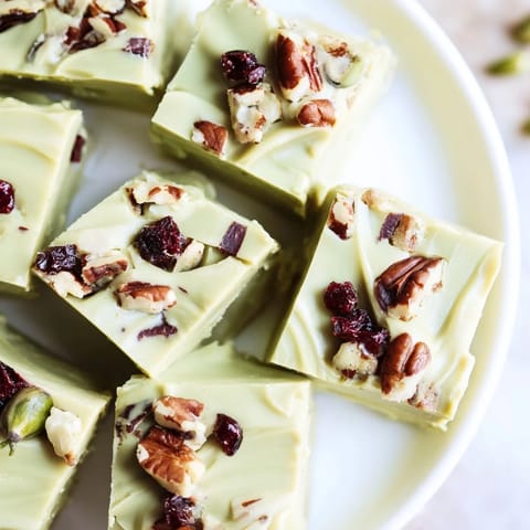 Deliciously smooth Matcha White Chocolate Thanksgiving Fudge garnished with vibrant cranberries and nuts.  