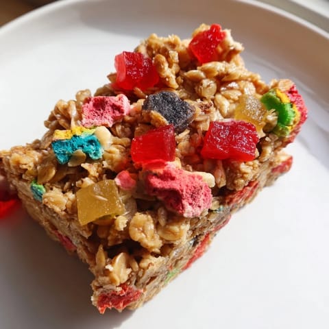 Homemade gummies atop oats in deliciously vibrant snack bar mash-up recipe.  