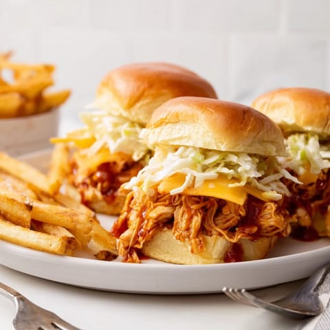Juicy BBQ chicken sliders stacked with cheddar and crunchy coleslaw, served with crispy fries.  