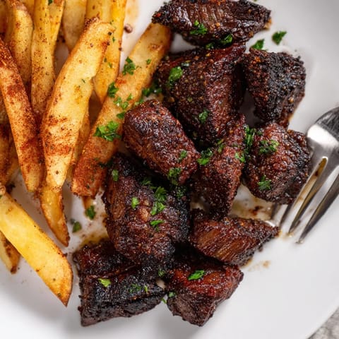 Deliciously seasoned Blackened Cajun steak bites served hot with crunchy fries.  