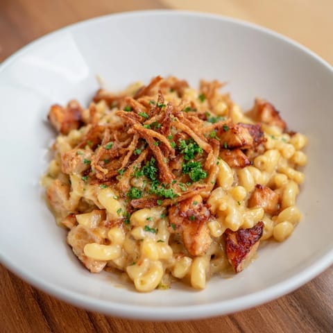Creamy One-Pot Honey BBQ Chicken Mac and Cheese topped with crispy onions and parsley.  
