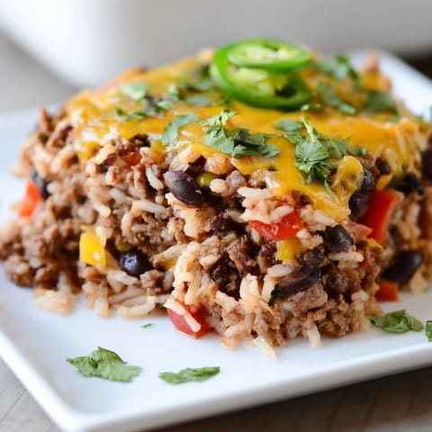 Steaming Tex-Mex Beef & Rice Casserole, a flavorful main dish with melted cheese and tender rice.