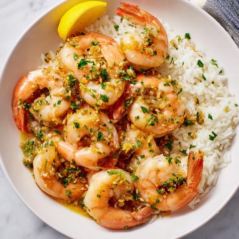 Flavors burst with a close-up of the delicious Garlic Butter Shrimp Rice Bowl, ready to eat.