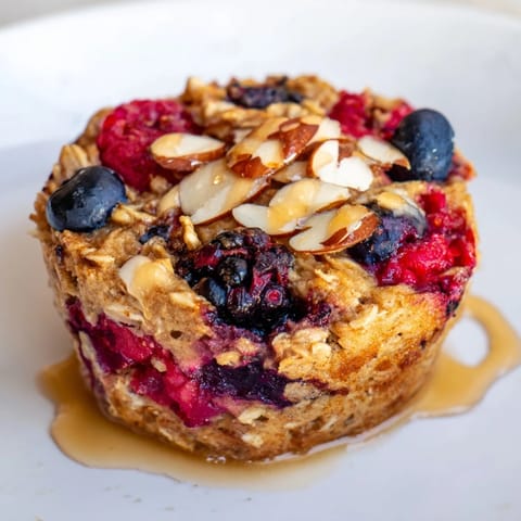 A close-up of baked oatmeal cups showing plump berries and creamy almond butter swirling within.