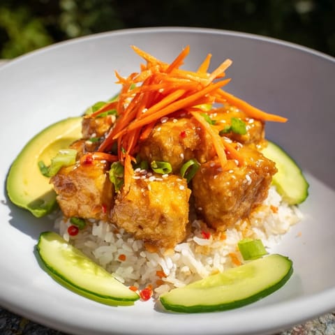 Vibrant image of chili-mayo baked tofu bowls, the crispy tofu contrasting with colorful vegetable toppings and fluffy rice.