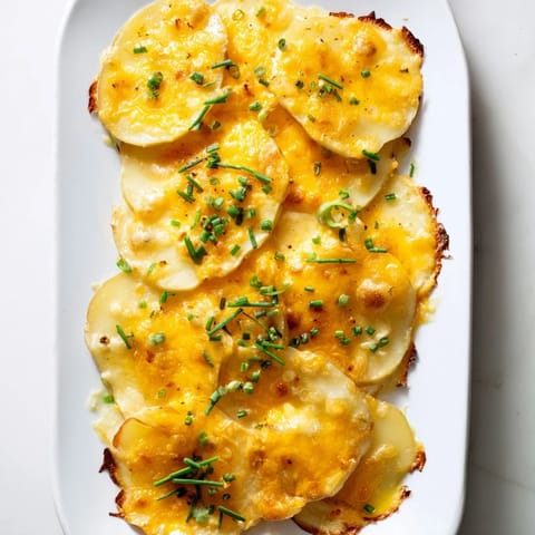 A close-up of creamy, layered cheesy scalloped potatoes offering a taste of home-cooked goodness.